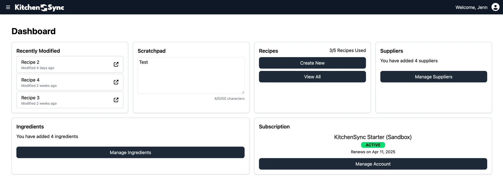 KitchenSync dashboard showing recipes, ingredients, suppliers, and scratch pad