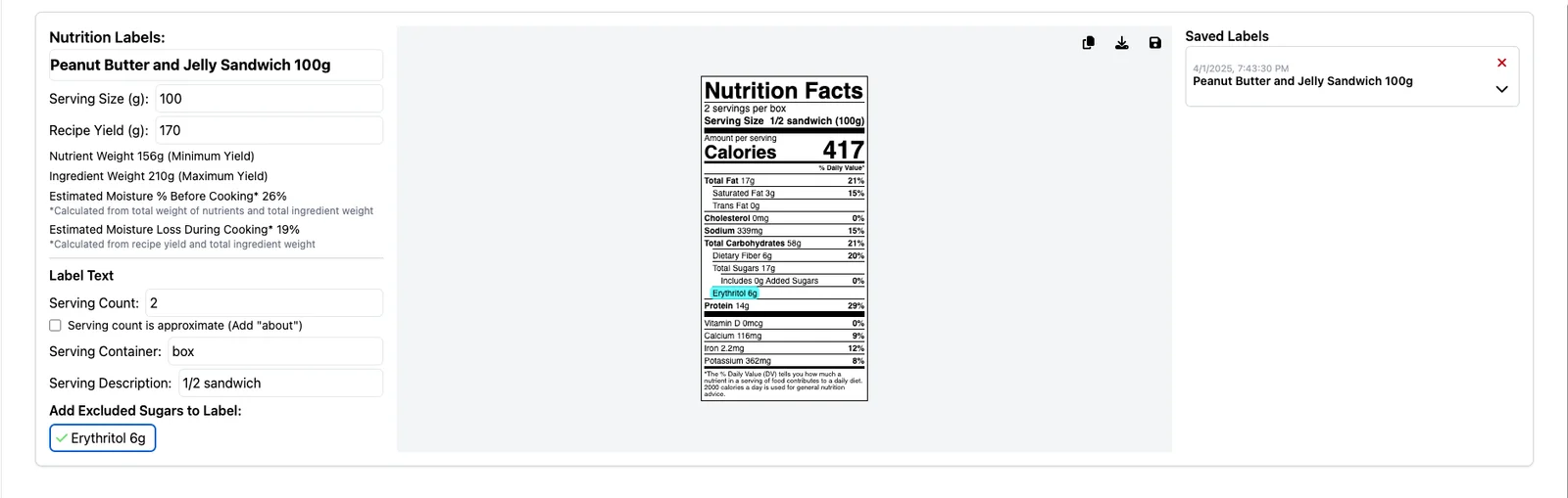 KitchenSync excluded sugars panel for sugar alcohols on the nutrition label