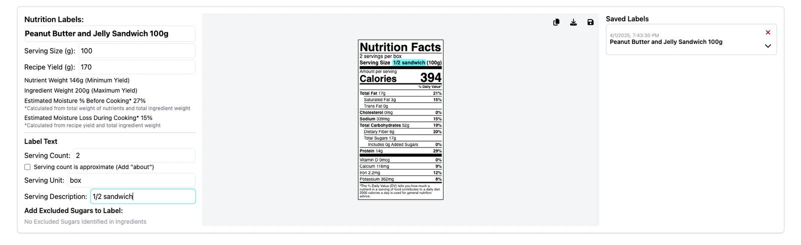 Nutrition Facts label generated by KitchenSync with serving size fields and export options
