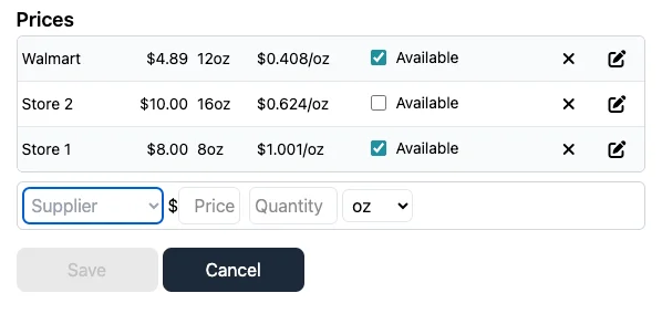 KitchenSync ingredient pricing table with supplier prices and the calculated unit price