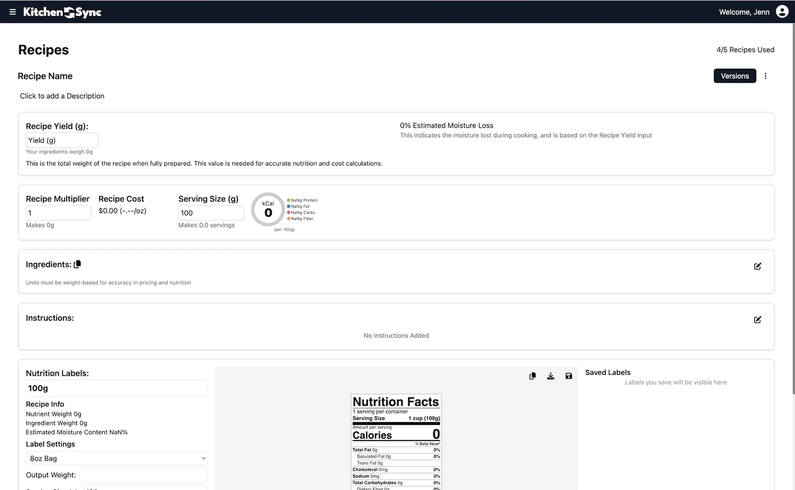 KitchenSync recipe page with ingredients, cost, serving size and nutrition together