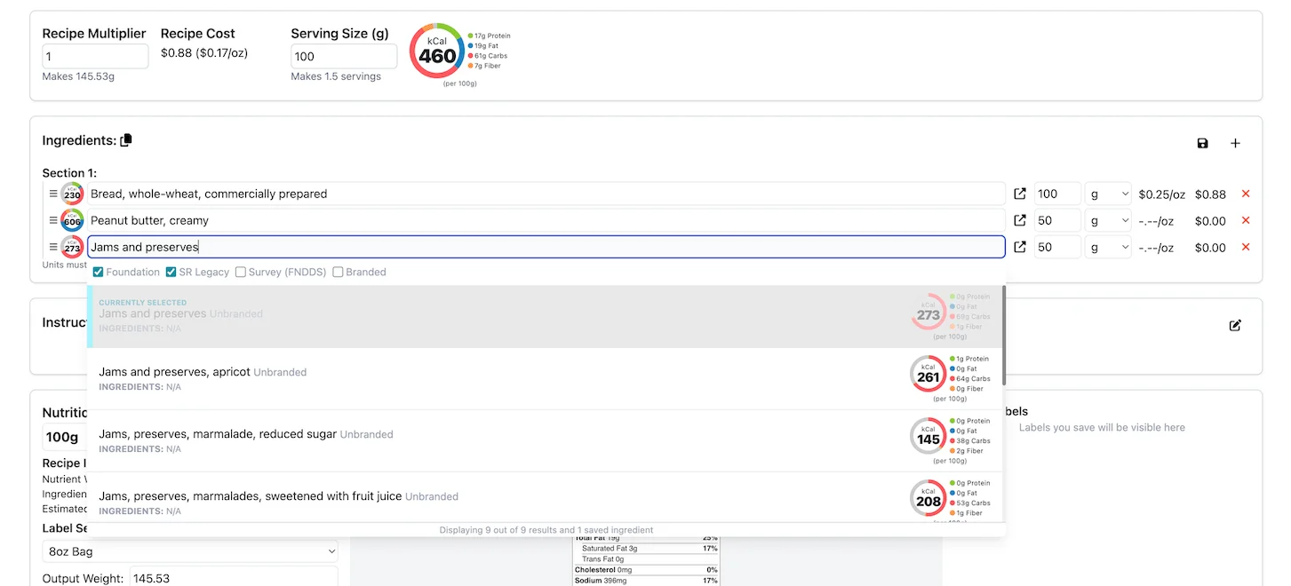 KitchenSync recipe ingredient search showing USDA FoodData Central entries filtered by data type